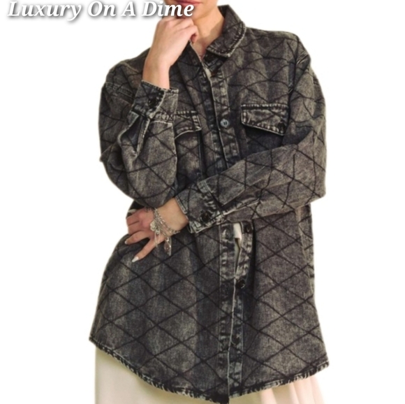DAVI & DANI Denim Shacket Diamond Quilted High Low Oversized Jean Shirt Jacket - Picture 2 of 16